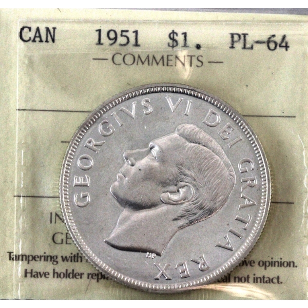 Silver $1 1951 SWL ICCS PL64 