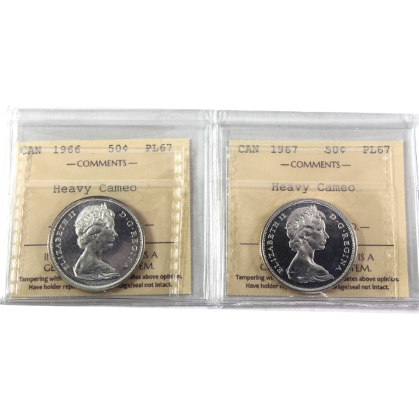 50-cent 1966 & 1967 ICCS PL67 Heavy Cameo. 2pcs.