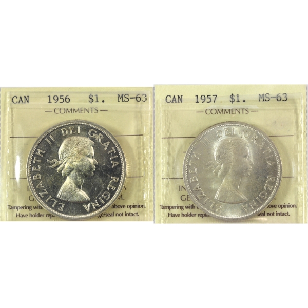 Silver $1 1956 Cameo & 1957 ICCS MS63. 2pcs.
