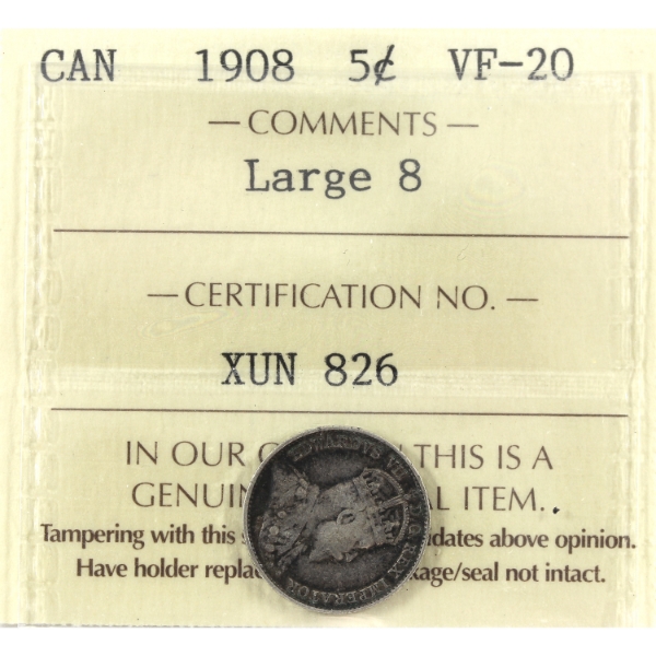 5-cent 1908 Large 8 ICCS VF20
