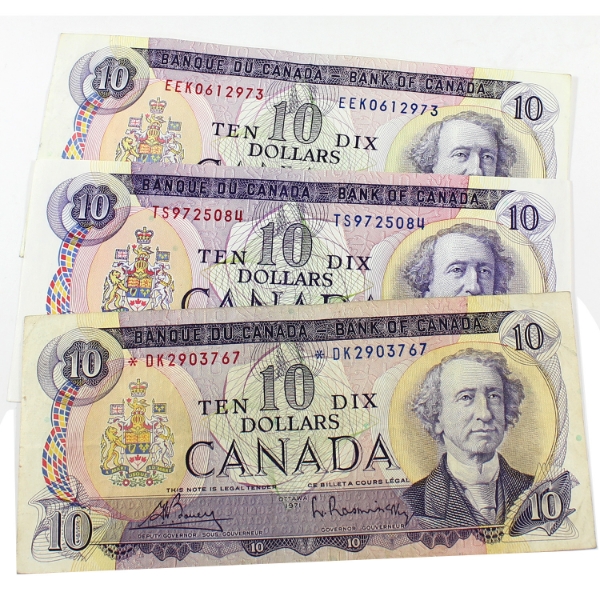 1971 $10 Banknotes Lawson-Bouey & Bouey-Rasminsky. 3pcs
