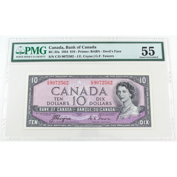 BC-32a 1954 $10 Devil's Face PMG AU55 Coyne-Towers SN: C/D9072562