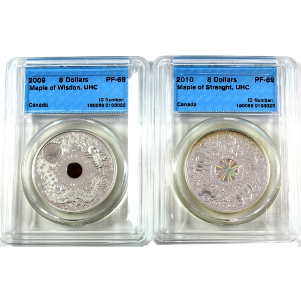2009 Maple of Wisdom & 2010 Maple of Strength $8 Sterling Silver Coins CCCS PF69. 2pcs. 