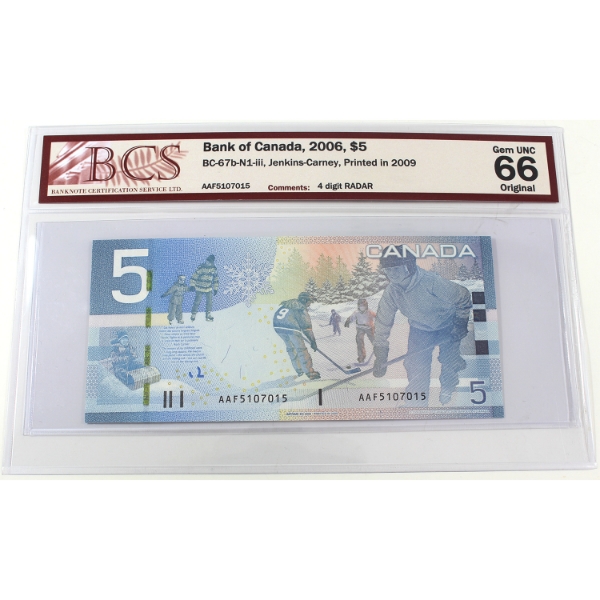 RADAR BC-67b-N1-iii 2006 $5 4-digit RADAR BCS GEM UNC66 Original Jenkins-Carney, Printed in 2009