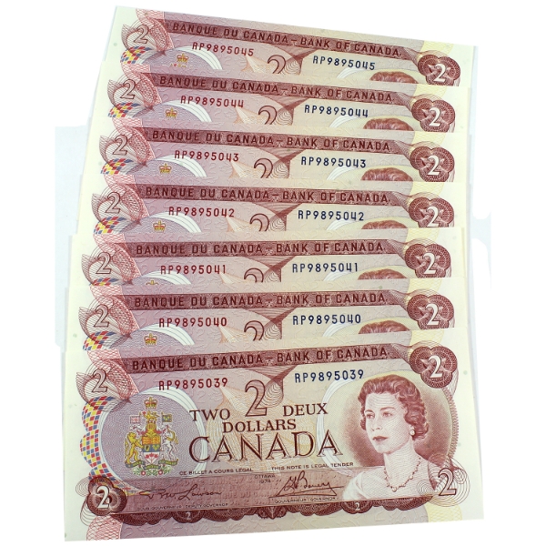 7x BC-47a 1974 $2 Consecutive Lawson-Bouey SN: RP9895039-"45. 7pcs.