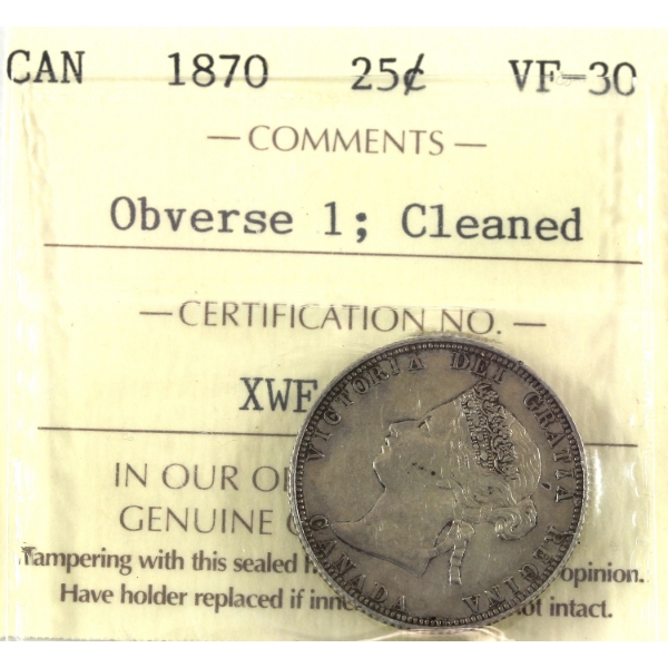 25-cent 1870 Obverse 1, 5 over 5 ICCS VF30 