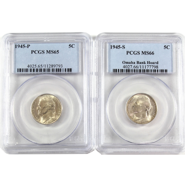 USA Jefferson Nickels 1945P MS65 & 1945S Omaha Bank Hoard MS66 PCGS Graded. 2pcs.