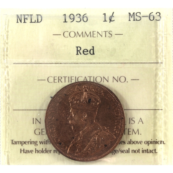Newfoundland 1-cent 1936 ICCS MS63 Red