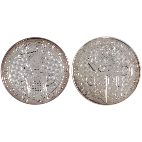 2x 2oz 5 Pounds 2016 Lion of England & 2019 Yale of Beaufort .9999 Fine Silver Rounds. 2pcs.