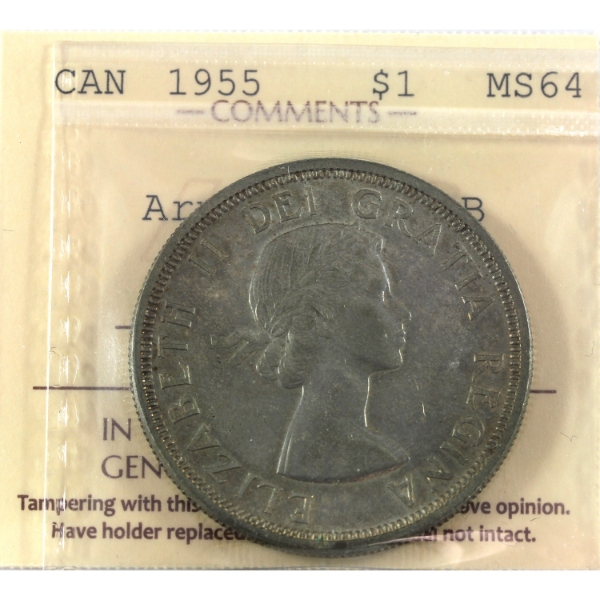 Silver $1 1955 Arnprior w/ Die Break ICCS MS64