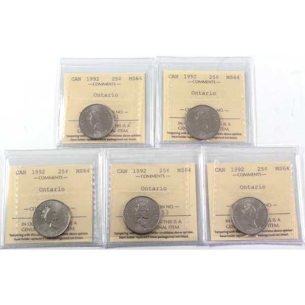 5x 25-cent 1992 Ontario ICCS MS64. 5pcs.