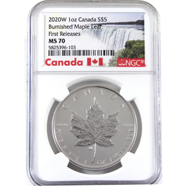 2020W $5 1oz .9999 Fine Burnished Silver Maple Leaf w/ W Mint Mark NGC MS70 (Tax Exempt)