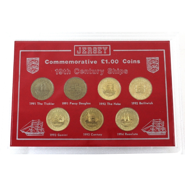 1991-1994 Jersey One Pound Coin Set of Seven 19th Century Ships in Original Holder