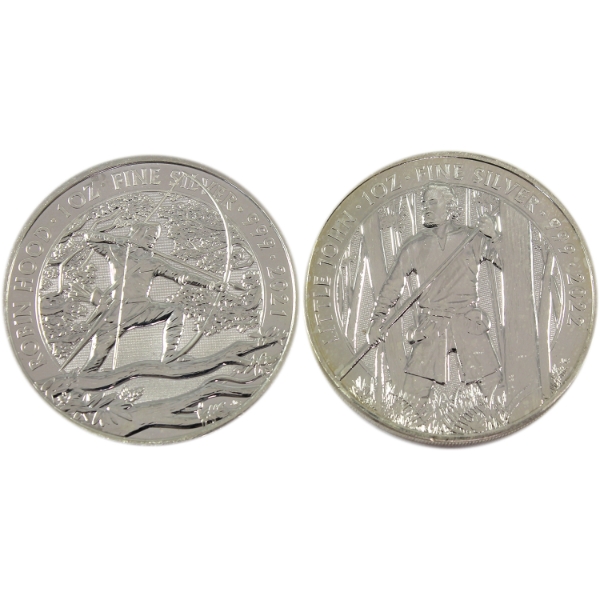 2x 1oz Great Britain 2 Pounds 2021 Robin Hood & 2022 Little John .999 Fine Silver Rounds. 2pcs.
