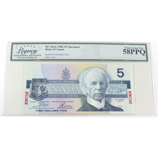 BC-56aS 1986 $5 SPECIMEN Legacy Choice AU58 PPQ Crow-Bouey SN:ENA0000000 0594