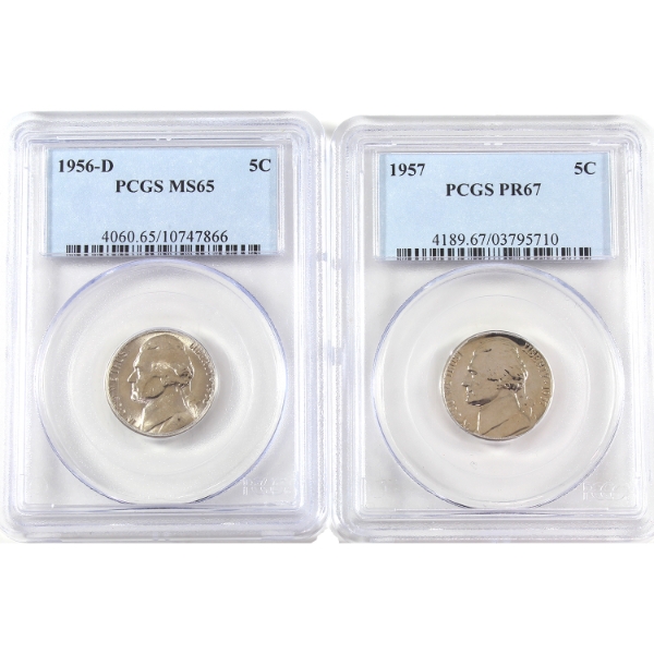 USA Jefferson Nickels 1956D MS65 & 1957 PR67 PCGS. 2pcs.