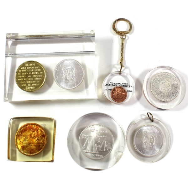 Lot of 6 Lucite Acrylic w/ Various Enclosed Canadian Coins and 1 Token. 6pcs