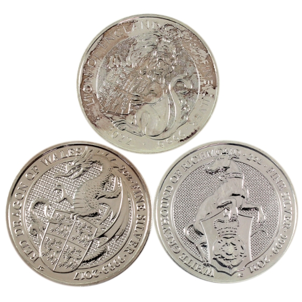 3x 2oz Great Britain 2017, 2021 & 2022 5 Pound Queen's Beasts .9999 Fine Silver. 3pcs (Tax Exempt)