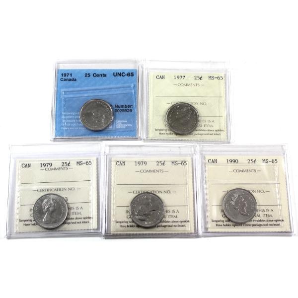 25-cent 1971-1990 ICCS/CCCS MS65. 5pcs.