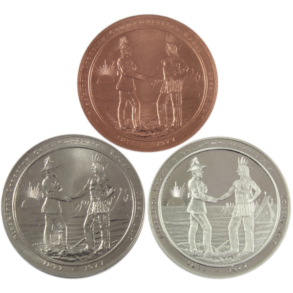 3x 1877-1977 Blackfoot Crossing Treaty No. 7 Medallions in Sterling Silver, Copper, & Cupro-Nickel
