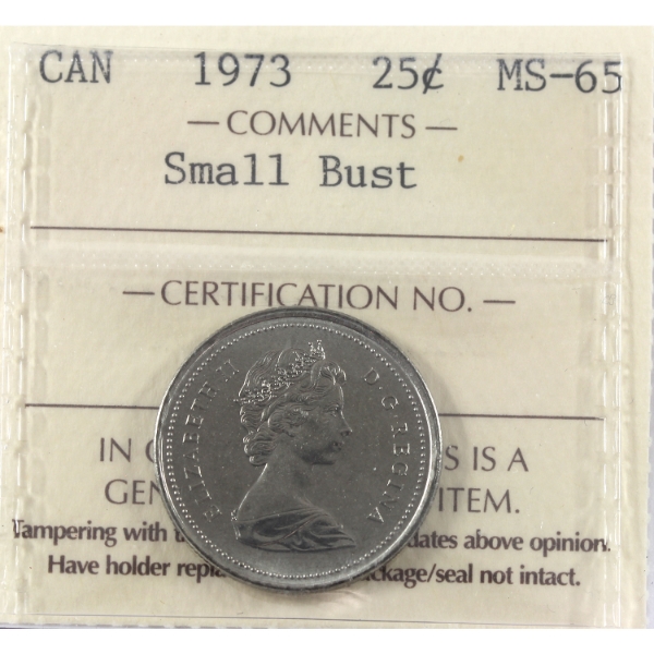 25-cent 1973 Small Bust ICCS MS65