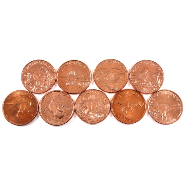 9x 1oz Assorted Dinosaurs .999 Fine Copper Rounds. 9pcs