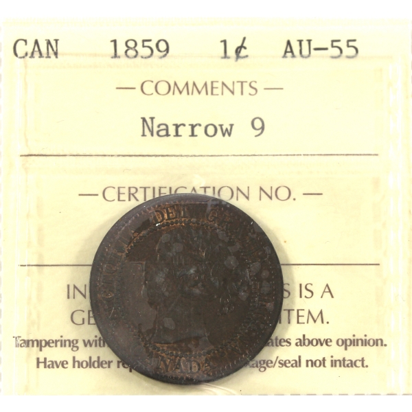 1-cent 1859 Narrow 9 ICCS AU55