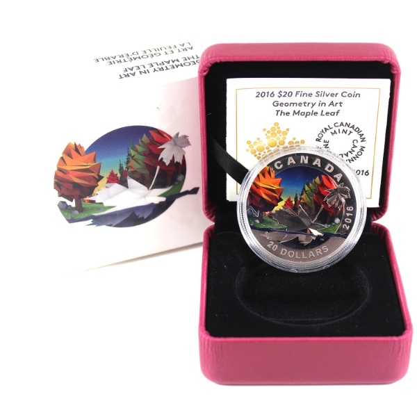 2016 $20 Geometry in Art: The Maple Leaf Fine Silver Coin w/ Selective Colour (Tax Exempt)