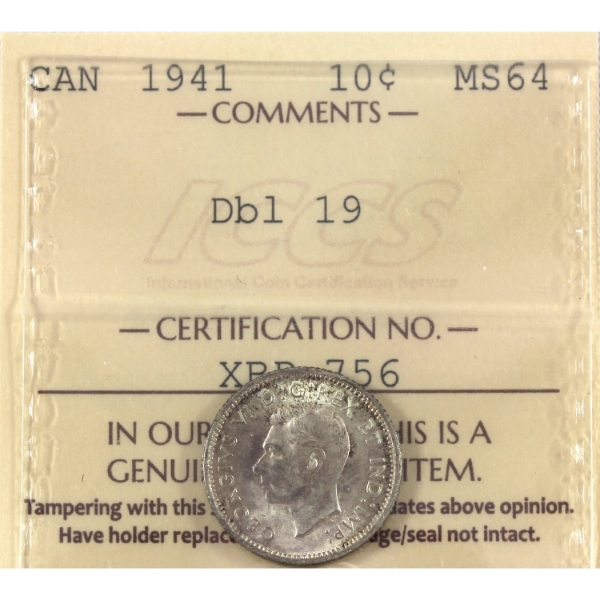 10-cent 1941 Double 19 Re-Engraved ICCS MS64