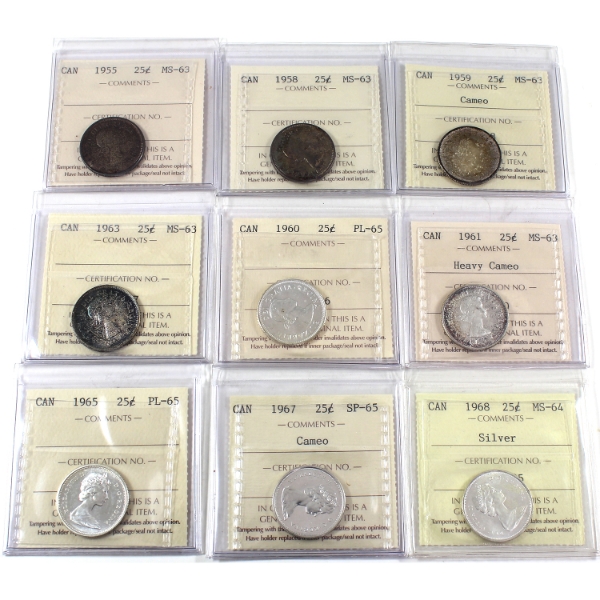 25-cent 1955-1968 ICCS MS63 to PL65. 9pcs.