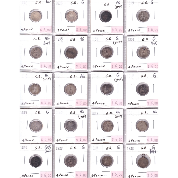 Great Britain 1817-1940 Mixed Denomination Coins Poor to EF in 3x 20-Pocket Sheets. 45pcs
