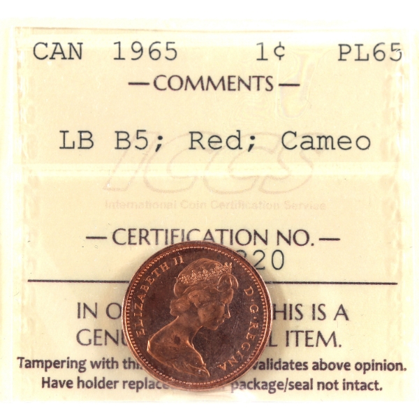 1-cent 1965 LB B5 (Type 3) ICCS PL65 Red Cameo