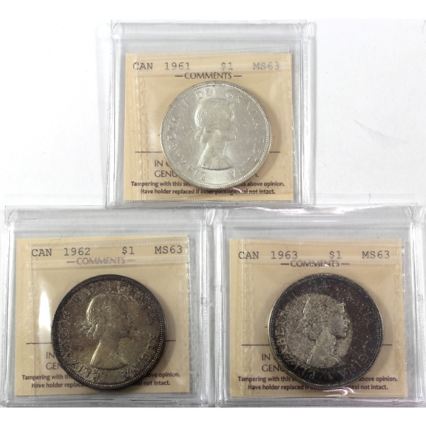 Silver $1 1961, 1962, & 1963 ICCS MS63. 3pcs.