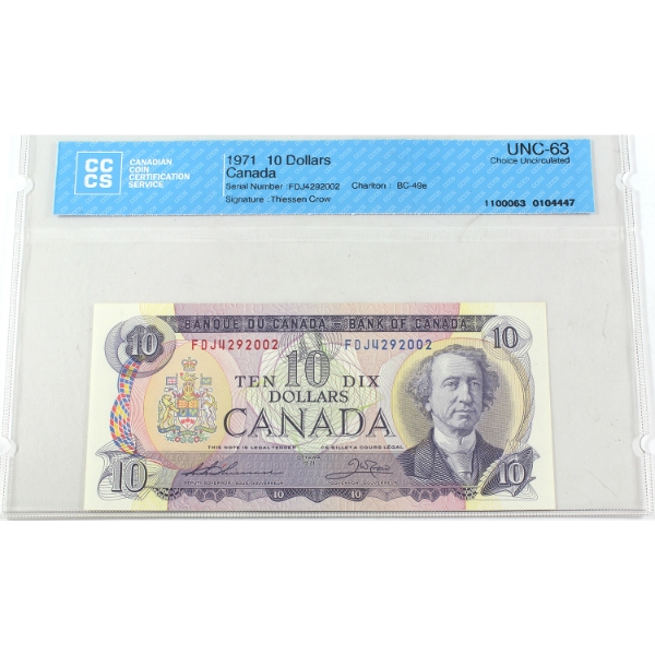 BC-49e 1971 $10 CCCS CUNC63 Thiessen-Crow SN: FDJ4292002