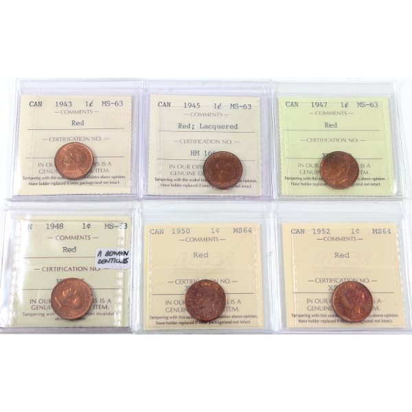 1-cent 1943-1952 ICCS MS63 to MS64 Red. 6pcs.