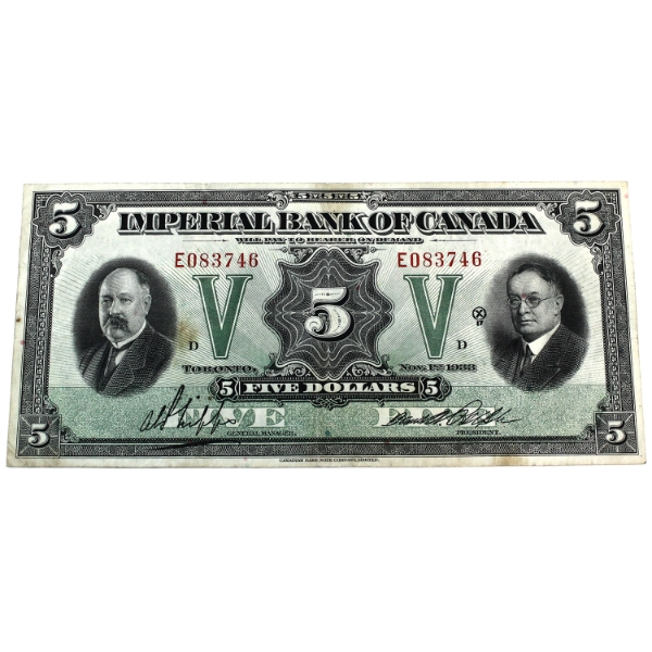 375-20-02 1933 $5 Imperial Bank of Canada VF Phipps-Rolph SN: E083746