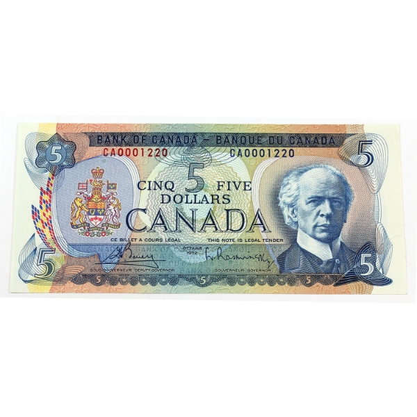 BC-48a 1972 $5 Low Serial # CA0001220 AU or Better Bouey-Rasminsky 
