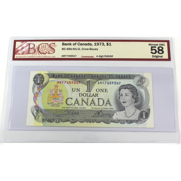 RADAR BC-46b-N1-iii 1973 $1 4-Digit RADAR BCS AU58 Original Crow-Bouey SN: AMY7459547