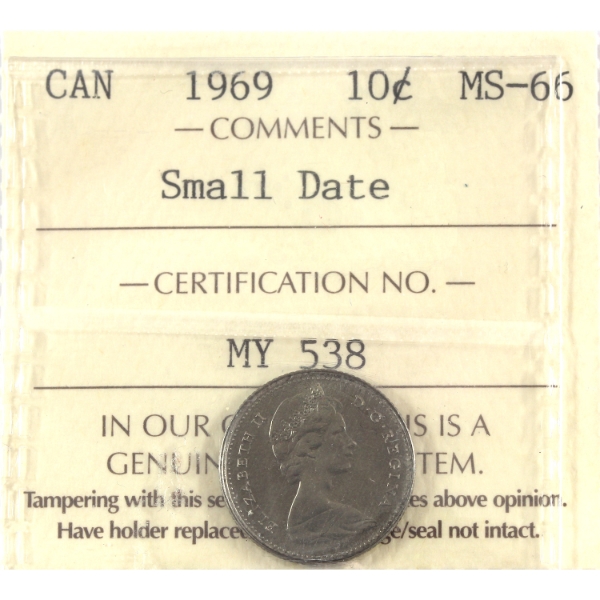 10-cent 1969 Small Date ICCS MS66