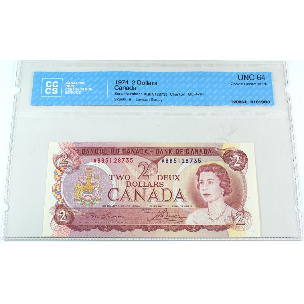 BC-47a-i 1974 $2 CCCS CUNC64 Lawson-Bouey SN:ABB5128735