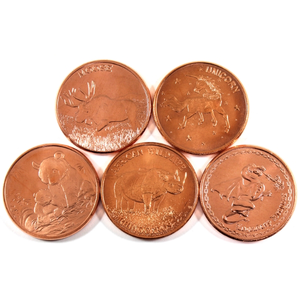 5x 1oz Assorted Animals .999 Fine Copper Rounds. 5pcs