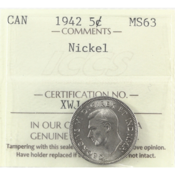 5-cent 1942 Nickel ICCS MS63