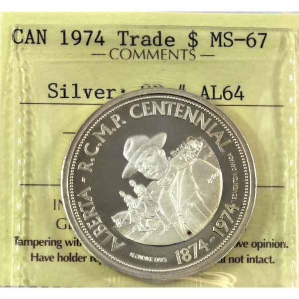 1974 Edmonton Klondike Days Silver Trade Dollar Token: RCMP Centennial ICCS MS67 (Tax exempt)