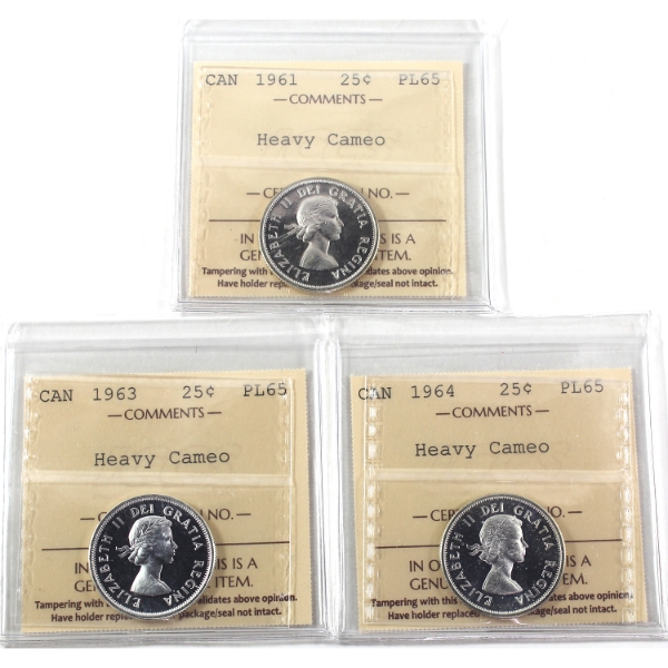 25-cent 1961, 1963, & 1964 ICCS PL65 Heavy Cameo. 3pcs.