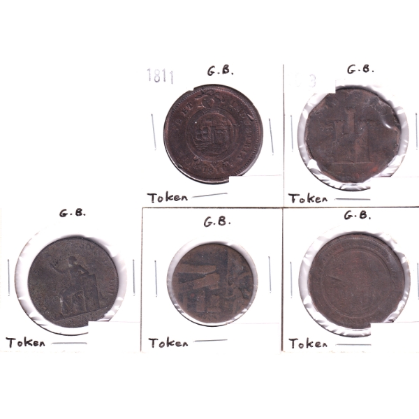 Group Lot of 1803-1811 Great Britain Tokens. 5pcs