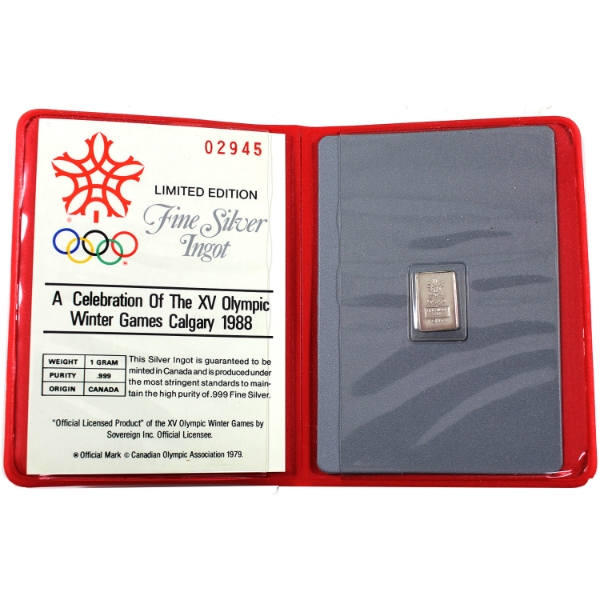 1g Canadian Olympic Association 1988 Calgary '88 Olympics Official Commemorative Ingot Silver Bar 