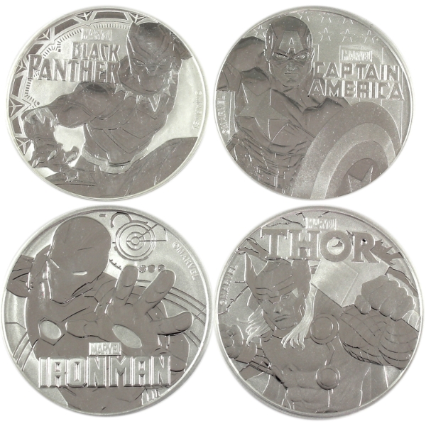 4x 1oz Tuvalu 2018-2019 $1 Marvel Superheroes .999 Fine Silver Coins. 4pcs. (Tax Exempt)