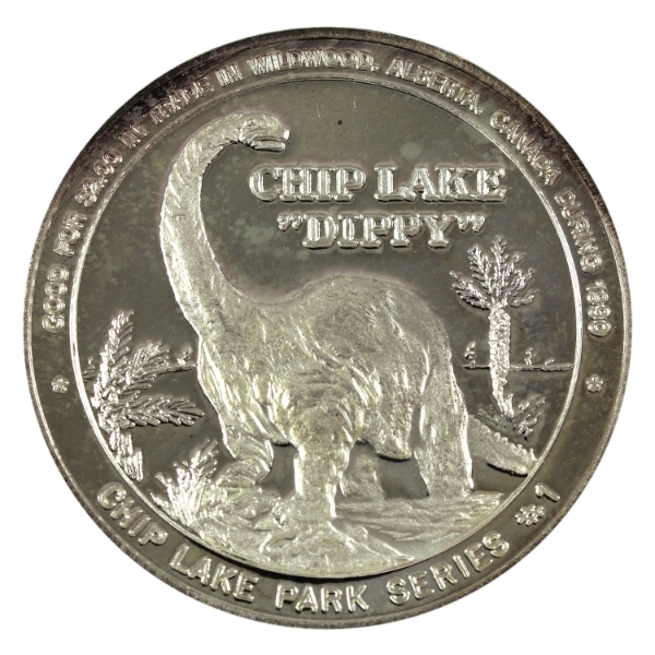 Canada-Wildwood AB 1990 $2 Dinosaur/Elk Trade Dollar 1oz-Silver, 38mm (Tax Exempt)