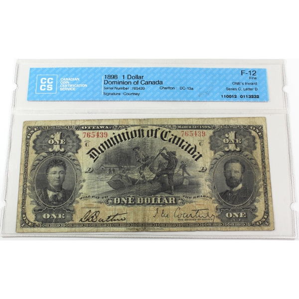 DC-13a 1898 $1 ONE's Inward, Series C CCCS F12 Various-Courtney SN: 765439 Check Letter D