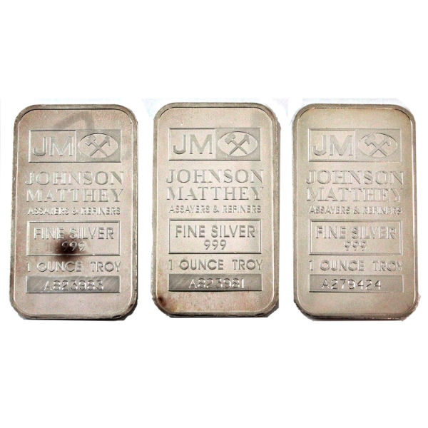 3x 1oz Johnson Matthey Fine Silver Bars with 'JM' Logo Reverse. 3pcs. (Tax Exempt)